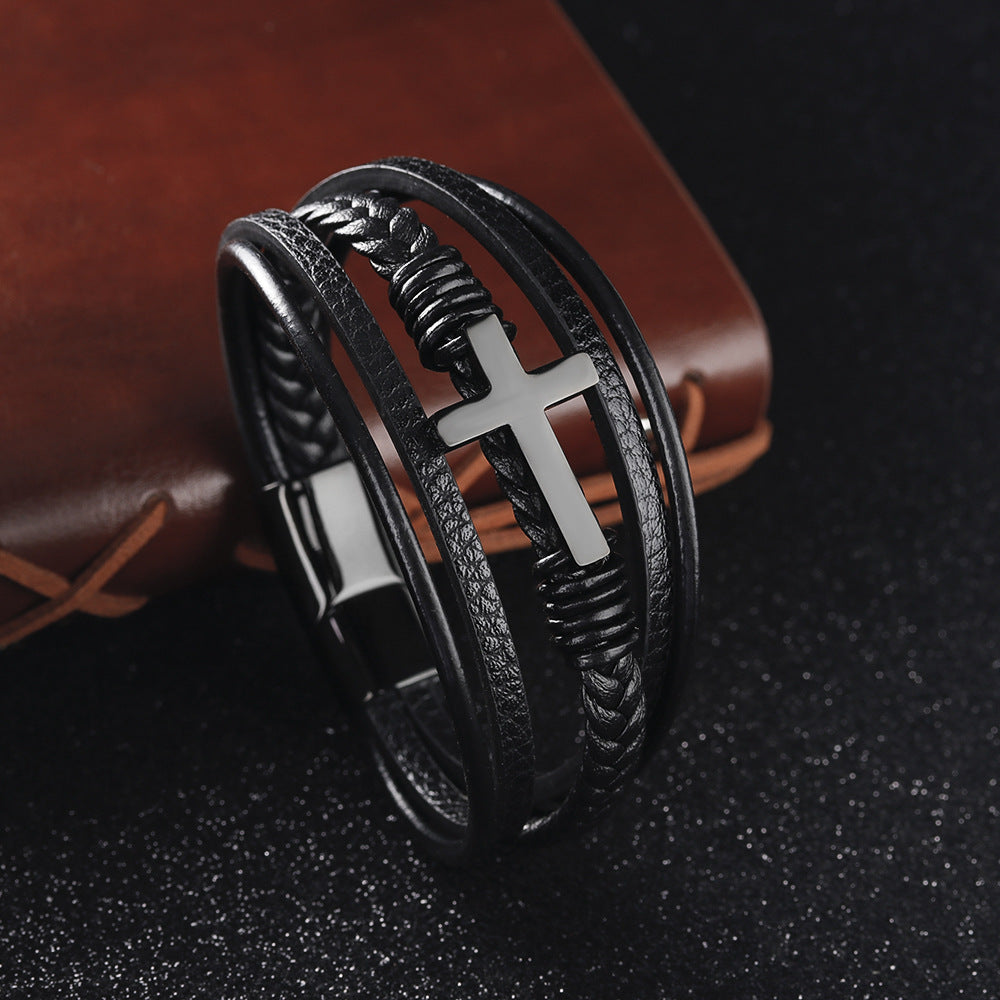 Stainless Steel Bracelet Men's Woven Simple Multilayer Leather